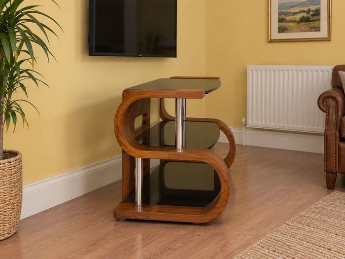 Modern Curved Wood & Black Glass TV Stand