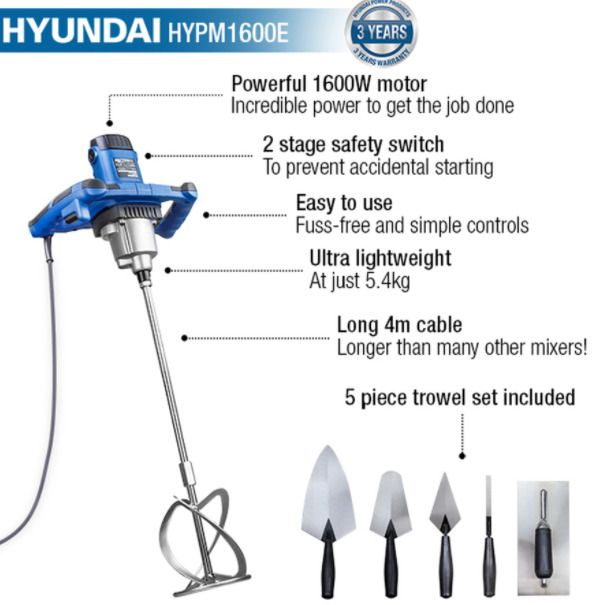 Hyundai 1600W Electric Paddle Mixer W/ 5pc Trowel