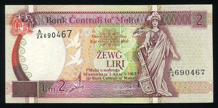 MALTA - 2 Liri 1967 (1994) Banknote P 45d (aUNC)