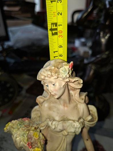 Beautiful Old Figurine distinctive Art Nouveau style of Italian sculptor, depicting an elegant woman in a flowing pastel gown holding a floral arrangement, Postage Available or Collection