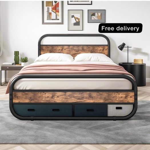King Size Bed Metal Platform Bed Frame with Wood Headboard
