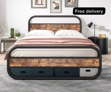 King Size Bed Metal Platform Bed Frame with Wood Headboard