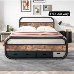 King Size Bed Metal Platform Bed Frame with Wood Headboard