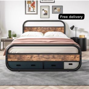 King Size Bed Metal Platform Bed Frame with Wood Headboard