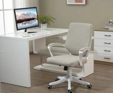 Office Chair Desk Chair Home Office Chair with Rocking Function Backrest Height Adjustable Thickly Padded Ergonomic 360 Swivel Wheels Polyester Nylon PP Beige+White 62x69x92-100 cm