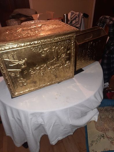 vintage brass log box and magazine rack
