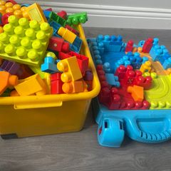 Mega bloks table and large box of blocks