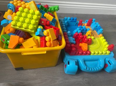 Mega bloks table and large box of blocks