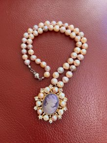 Vintage Lavender Cameo and Peach Pearl Necklace