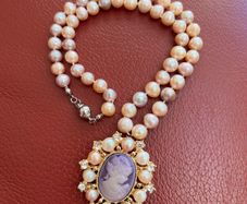 Vintage Lavender Cameo and Peach Pearl Necklace