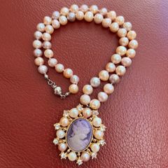 Vintage Lavender Cameo and Peach Pearl Necklace