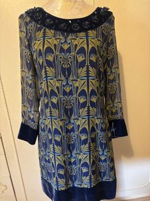 Derhy Dress - Size M - 100% Silk - Navy with olive green design, velvet cuffs and hem with jewelled neck.