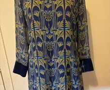 Derhy Dress - Size M - 100% Silk - Navy with olive green design, velvet cuffs and hem with jewelled neck.