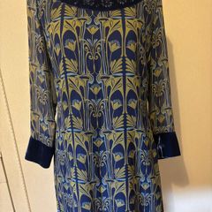 Derhy Dress - Size M - 100% Silk - Navy with olive green design, velvet cuffs and hem with jewelled neck.
