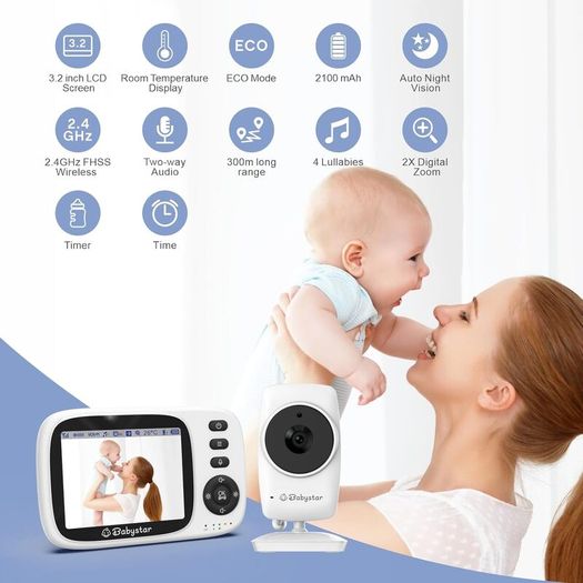 Baby Monitor with Camera and Night Vision,3.2inch Screen Wireless Video Baby Monitor with Rechargeable Battery, VOX Mode, Temperature Monitoring,Two-Way Audio,Soothing Sounds & Lullabies