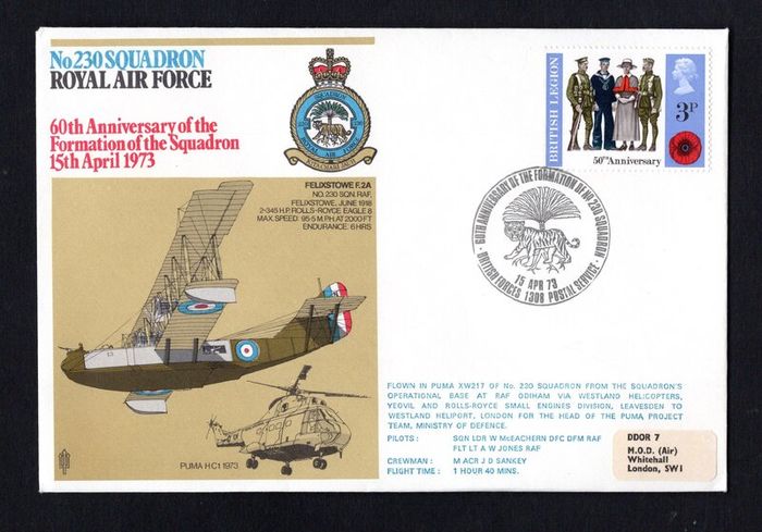 1973 Great Britain No 230 Squadron Royal Air Force 60th Anniversary of the formation of the Squadron Flight Cover from RAF Odiham via Westland Helicopter and Rolls-Royce Division to to Westland Heliport, London