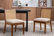 Set of 2 Dining Room Chairs, Linen Kitchen Chairs with Rattan Backrest, Vintage Wooden Accent Chairs for Dining Room, Kitchen, Living Room (Brown-2)