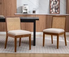 Set of 2 Dining Room Chairs, Linen Kitchen Chairs with Rattan Backrest, Vintage Wooden Accent Chairs for Dining Room, Kitchen, Living Room (Brown-2)
