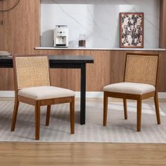 Set of 2 Dining Room Chairs, Linen Kitchen Chairs with Rattan Backrest, Vintage Wooden Accent Chairs for Dining Room, Kitchen, Living Room (Brown-2)