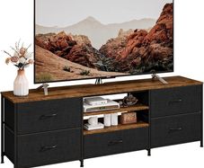 TV Stand Cabinet, TV Unit TV Console Table with 5 Drawers Storage Organizers, Entertainment Center with Open Shelf for Living Room, Bedroom (Black)