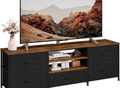 TV Stand Cabinet, TV Unit TV Console Table with 5 Drawers Storage Organizers, Entertainment Center with Open Shelf for Living Room, Bedroom (Black)