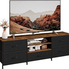 TV Stand Cabinet, TV Unit TV Console Table with 5 Drawers Storage Organizers, Entertainment Center with Open Shelf for Living Room, Bedroom (Black)