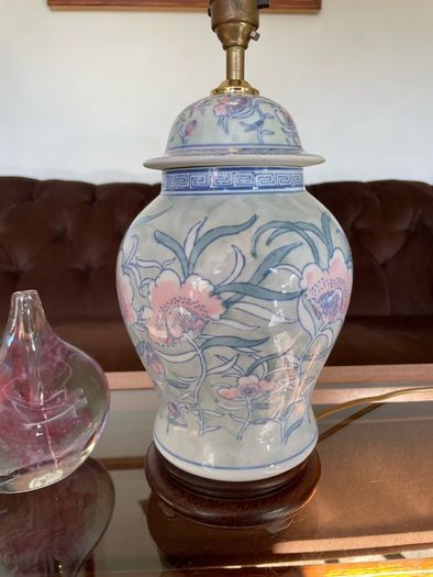 Pretty Oriental Pastel Floral Ginger Jar Lamp Base with Wooden Plinth Base