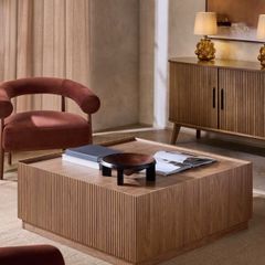 Square wooden coffee table with fluted detailing