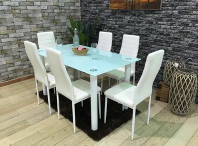 White Modern Glass Dining Table Set Seats 6