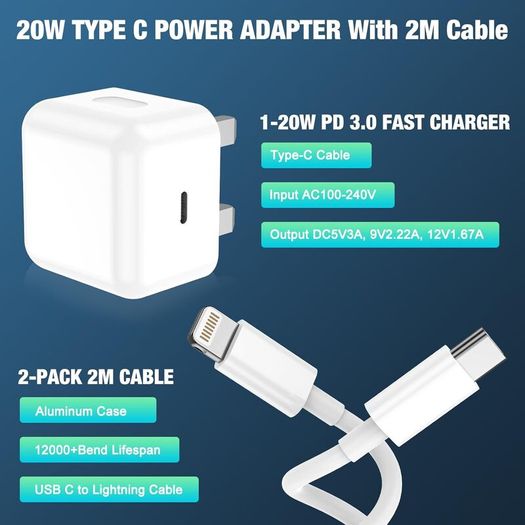 for iPhone Charger Fast Charge, 2Pack PD 20W Fast Apple Charger Cable 2M, iPhone Fast charger Plug with USB C To Lightning Cable for iPhone 14 13 12 11 Pro Max XS XR X 8 7 6 Plus, iPad and iPod