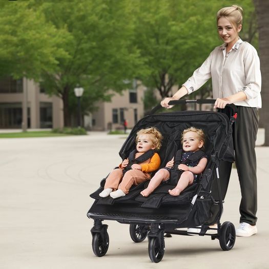 Double Stroller, Side x Side, Foldable Lightweight Twin Stroller with Tandem Seating, Adjustable Footrest/Rotating Handle, Wrap-Around Safety Harness,Storage Basket,for Newborn & Toddler (Black)