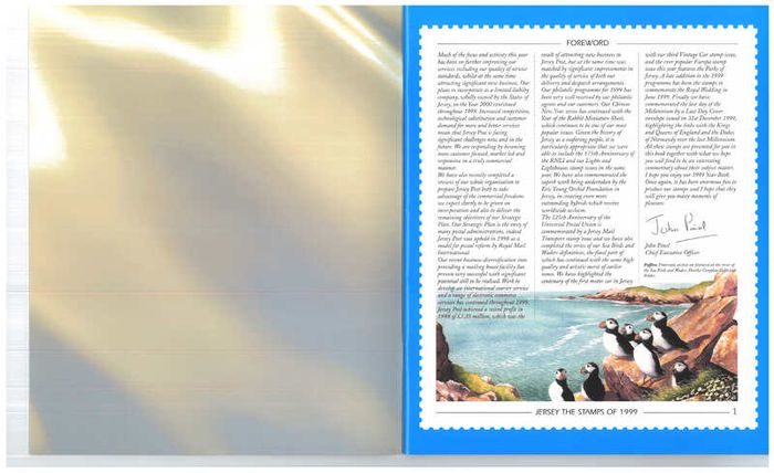 1999 Jersey (Channel Islands) Stamp Year Book (softback) issued by Jersey Post with 16 images of contents