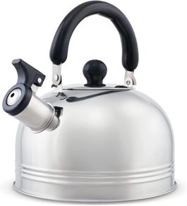 Camping Kettle 2L - Stainless Steel Whistling Kettle - Portable Boiling Pot for Coffee Tea - Camping Kettle for Gas Stove with Folding Spout Cover & Cool-Touch Handle - Camping Accessories