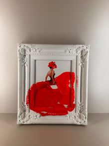 Neon Pink Dress Framed Painting, White Ornate Frame