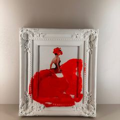 Neon Pink Dress Framed Painting, White Ornate Frame