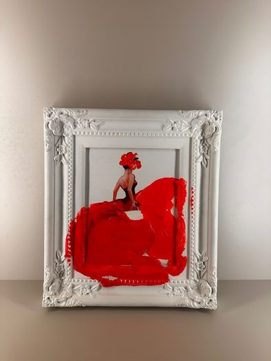 Neon Pink Dress Framed Painting, White Ornate Frame
