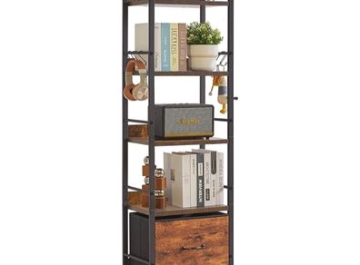 5-Tier Industrial bookshelf with Fabric Cloth drawers, Free Standing Shelf for Living Room, Bedroom, Kitchen,Office,Steel Frame, Rustic Brown