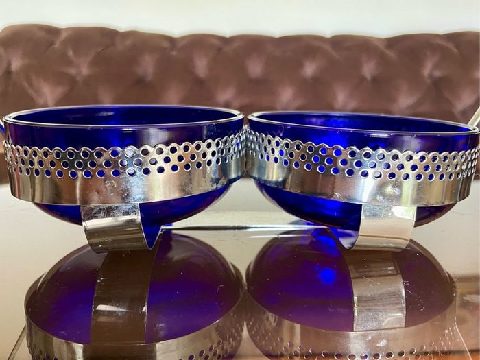 Vintage 1950s Cobalt Blue Glass & Silver Chrome Double Table Basket