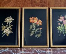 Mid-century trio of floral needlepoint embroidery