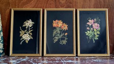 Mid-century trio of floral needlepoint embroidery