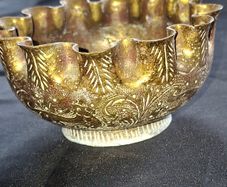 Antique Middle Eastern Brass Bowl with Engraved and punched decoration and pinched fluted rim, Middle Eastern in origin and probably 1930s or 40s in date. postage available or collection,