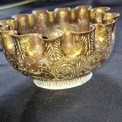 Antique Middle Eastern Brass Bowl with Engraved and punched decoration and pinched fluted rim, Middle Eastern in origin and probably 1930s or 40s in date. postage available or collection,