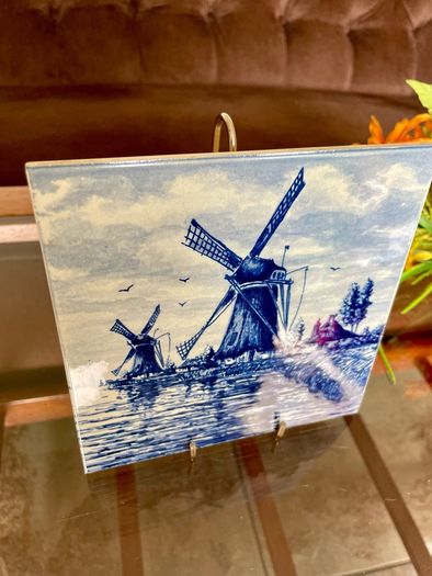 Vintage Handpainted Delft Blue Tile with Windmill and Boats Cottage Farmhouse Decor