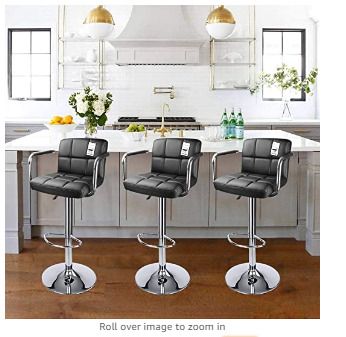 Black/Armrest 2 x Bar Stools with Backrest Height Adjustment, 360 Degree Rotation