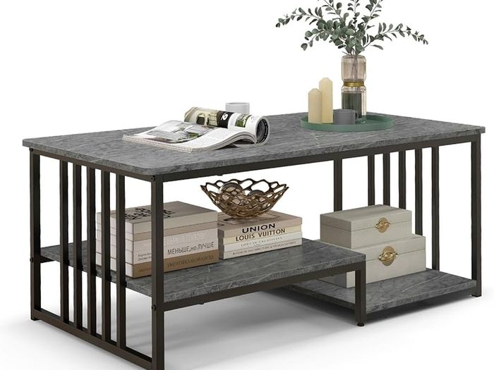 Marble Coffee Table with 2 Open Shelves, Sofa Table with Metal Frame, Rectangular Coffee Table for Living Room, Office, 110 x 60 x 45 cm, Max. 90 kg, Grey