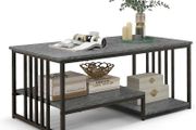 Marble Coffee Table with 2 Open Shelves, Sofa Table with Metal Frame, Rectangular Coffee Table for Living Room, Office, 110 x 60 x 45 cm, Max. 90 kg, Grey