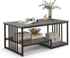 Marble Coffee Table with 2 Open Shelves, Sofa Table with Metal Frame, Rectangular Coffee Table for Living Room, Office, 110 x 60 x 45 cm, Max. 90 kg, Grey
