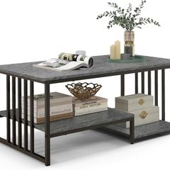 Marble Coffee Table with 2 Open Shelves, Sofa Table with Metal Frame, Rectangular Coffee Table for Living Room, Office, 110 x 60 x 45 cm, Max. 90 kg, Grey
