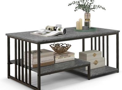 Marble Coffee Table with 2 Open Shelves, Sofa Table with Metal Frame, Rectangular Coffee Table for Living Room, Office, 110 x 60 x 45 cm, Max. 90 kg, Grey