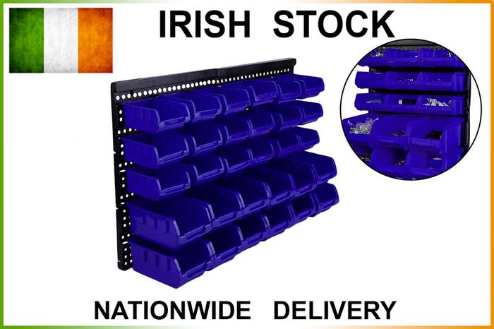30pc Plastic Wall Mounted Storage Bin Kit Garage Workshop Shed Bins Rack Blue